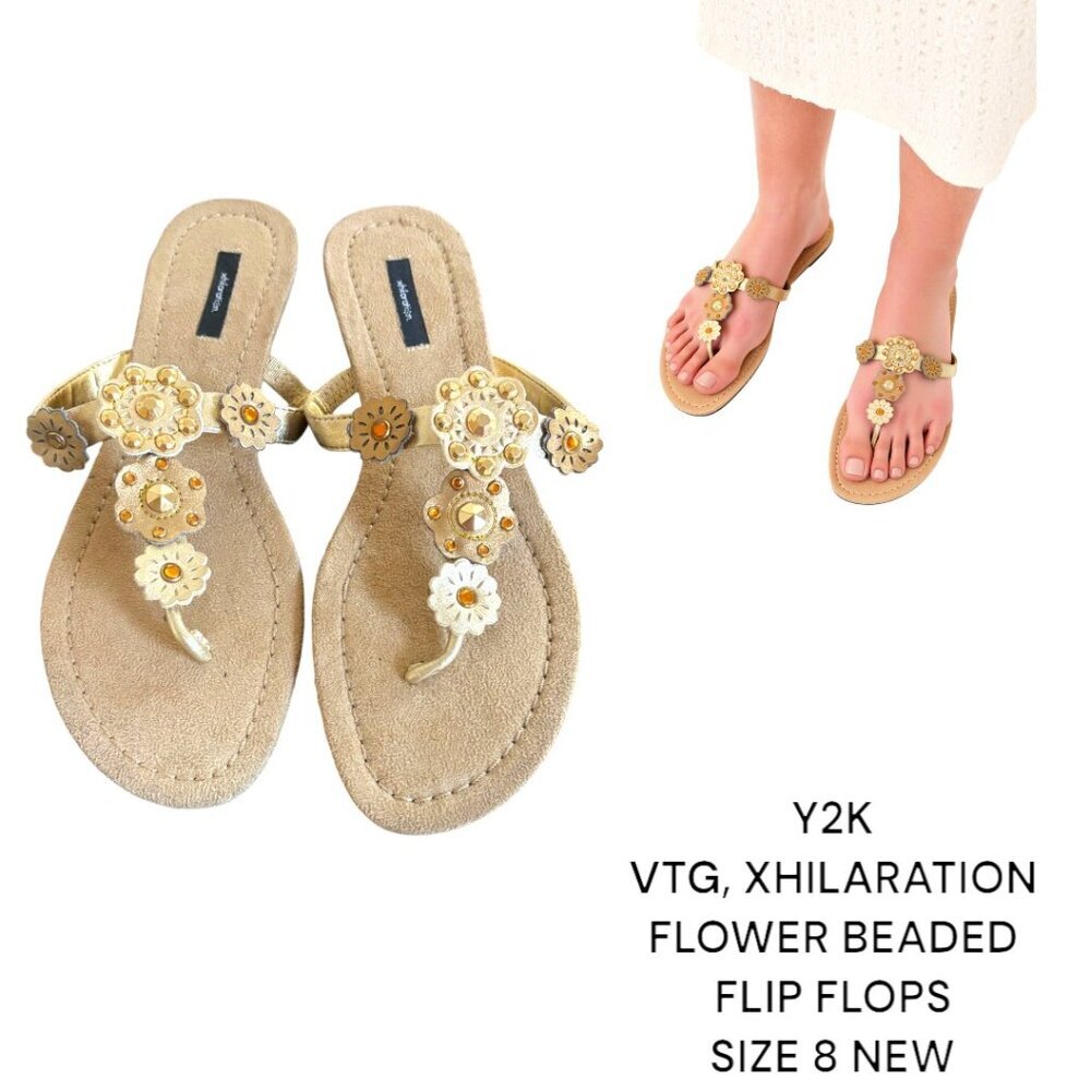 Y2K VINTAGE XHILARATION FLOWER BEADED FLIP FLOPS SIZE 8 NEW